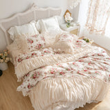 Taooba-Top Romantic Bedding set 100% cotton rose print linen set Princess bedding set queen Duvet cover lace design bedroom set sheet