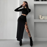 Taooba- Chic Women's Y2k Two-Piece Long Sleeve Crop Top and High Slit Sexy Tie Skirt Set