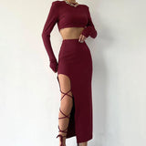 Taooba- Chic Women's Y2k Two-Piece Long Sleeve Crop Top and High Slit Sexy Tie Skirt Set