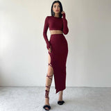 Taooba- Chic Women's Y2k Two-Piece Long Sleeve Crop Top and High Slit Sexy Tie Skirt Set