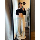 Taooba party outfit  Spring Gray Splicing Wide leg pants Contrasting Casual Pants Wide Elastic High Waist Women Straight Leg Chic Street Trousers