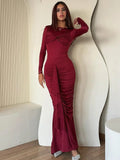 Taooba Christmas Gift outfit   Long Sleeve Draped Sexy Maxi Dress For Women Gown Autumn Winter New O Neck Ruched Bodycon Sexy Long Dress Elegant