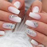 Taooba Christmas nail 24Pcs White Gradient False Nails Ombre Short with French Design Rhinestone Wearable Fake NailsFull Cover Press on Nail Tips Art