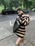 Taooba  party look inspos Striped Knitted Suits Women Casual 2 Piece Dress Set Female Y2k Clothing Korean Fashion Sweater Dress Office Lady 2025 Autumn