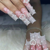 Taooba Christmas nail 24Pcs Full Cover False Nails Pink Full Rhinestone Bow Long French Coffin Nail Tips Detachable Fake Nail Press on Nails Manicure