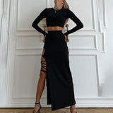 Taooba- Chic Women's Y2k Two-Piece Long Sleeve Crop Top and High Slit Sexy Tie Skirt Set