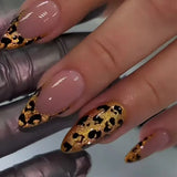 Taooba Christmas nail 24pcs Leopard Print Fake Nails with Glue Almond Acrylic Press on False Nails Gold Lines French Nail Tips Sweet Cool Autumn Nails