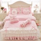 Taooba-Pink Purple Blue Korean Princess Girl Fleece Fabric Bedding Set White Ruffle Bow Duvet Cover Flannel Velvet Bed Skirt Pillowcase