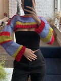 Taooba Christmas Gift outfit  Y2K Knitted Long Sleeve Pullovers Crop Tops Striped Crochet See Through Sweaters Harajuku Vintage Streetwear Jumpers