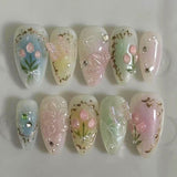 Taooba Christmas Nail  24pcs Summer Fake Nails Press on Almond Wearable 3D Butterfly Flower Short Almond False Nails Smudging Bubble Bead False Nails