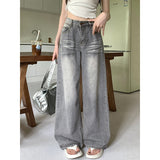 Taooba party outfit  Summer Grey Womens Jeans High Waist Baggy Casual Vintage Y2K Trend Straight Cargo Pants Street American Wide Leg Denim Trouser