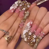 Taooba Christmas Nail  24Pcs Pink False Nails Long Coffin Fake Nails Star with French Designs Wearable Ballet Press on Nails Full Cover Nail Tips Art