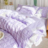 Taooba Luxury Seersucker Washed Cotton Bedding Set INS Girls Princess Bedding Set with Lace Solid color Bedclothes Sheets Pillowcase