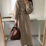 Taooba Christmas Gift outfit  Retro Winter Loose Women Long Belted Woolen Coats Female Warm Full Sleeve Notched Autumn Oversized Cardigan Overcoats