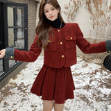 Taooba  party look inspos Autumn Winter New Red Tweed Two-piece Skirt Set Women Short Jacket Coat Pleated Mini Skirt Korean Fashion Chic Female Outfits