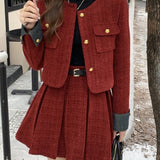 Taooba  party look inspos Autumn Winter New Red Tweed Two-piece Skirt Set Women Short Jacket Coat Pleated Mini Skirt Korean Fashion Chic Female Outfits