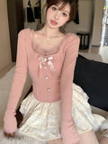 Taooba  party look inspos Japanese Kawaii Y2k 2 Piece Skirt Set Women Lace Sexy Elegant Skirt Suit Female Autumn Winter Chic Tops Cake Mini Skirt 2024 New