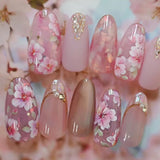 Taooba Christmas nail 24Pcs Short Round Head Pink Fake Nails with Rose Flowers leaf Pattern Wearable Almond False Nail Full Cover Press on Nails Tips