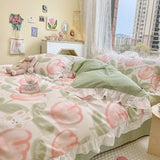 Taooba-Lovely Princess Flower Print Ruffles Bedding Set 100% Cotton Cute Girls Duvet Cover Set with Bed Sheet Kawaii Bedding Sets Soft