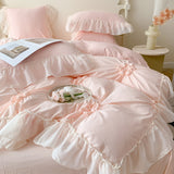 Taooba Chiffon Lace Princess Bedding Set Queen Size Pink Hand-made Pleat Pearl Ruffles Duvet Cover Bedclothes Sheet Pillowcases