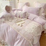 Taooba Christmas Gift Korean Princess Bedding Set Lace Bow  Beauty Solid Color Lace Ruffle Quilt Cover Luxury Girls Wedding Home Textiles Duver Cover