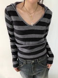 Taooba party outfit  Black Dark Gray Stripe Hooded T-Shirt Women V Neck Slim Long Sleeve Basic Spring Autumn Ribbed Top Preppy Streetwear Tee