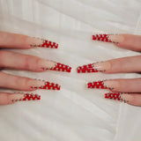 Taooba Christmas Nail  24Pcs Square False Nails with Glue Wearable Red Long Coffin Fake Nails Rhinestone Design Ballet Full Cover Press on Nails Tips