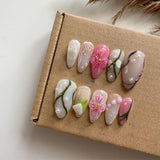 Taooba 10Pcs Manicure Handmade Art Acyrlic Press on Nails Medium Almond  Pattern ABS Nails Cute 3D Flower Style Design Nail with Set