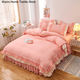 Taooba Christmas Gift Pink Lace Ruffle Bedding Set Luxury Bed Skirt Sheet Bedspread Korean Duvet Cover Girls Princess Bedspread Pillowcases