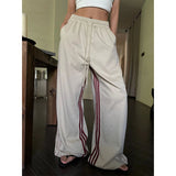 Taooba party outfit  American Retro Color Contrast Striped Casual Pants Women's Summer High Waist Drawstring Loose Thin High Street Wide Leg Pants