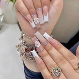 Taooba Christmas nail 24Pcs Long Ballet French False Nails Pink Butterfly Flower with Rhinestones Wearable Fake Nails Gradient Press on Nail Tips Art