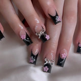 Taooba Christmas nail 24Pcs Long Coffin False Nails with Star Rhinestones Black Y2K Nail Art French Gradient Full Cover Press on Nail Tips for Girls