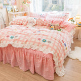 Taooba-Kawaii Rainbow Bedding Set Cotton Twin Full Queen Size Strawberry Flower Hearts Cute Fitted Bed Sheet Pillowcases Duvet Cover