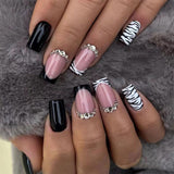 Taooba Christmas nail 24Pcs False Nails Black French Square Head Striped Rhinestone Manicure Full Cover Nail Tips Detachable Fake Nails Press on Nails