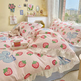 Taooba-Lovely Princess Flower Print Ruffles Bedding Set 100% Cotton Cute Girls Duvet Cover Set with Bed Sheet Kawaii Bedding Sets Soft