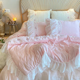 Taooba Christmas Gift Pink Korean Princess Style Lace Ruffles Wedding Bedding Set Seersucker Washed Cotton Soft Duvet Cover Set Bed Sheet Pillowcases