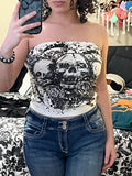 Taooba Christmas Gift outfit -New Goth Women's Crop top Y2K Summer Girl Punk Fashion Vest White Skull Printed Ruched Slim Fit Bandeau Top