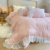 Taooba Christmas Gift Pink Korean Princess Style Lace Ruffles Wedding Bedding Set Seersucker Washed Cotton Soft Duvet Cover Set Bed Sheet Pillowcases