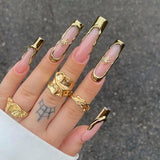 Taooba Christmas Nail  24Pcs Gold Ballet False Nails Long Coffin with Rhinestone French Wearable Fake Nail Transparent Decoration Press on Nail Tips