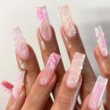 Taooba Christmas Nail  24Pcs Pink False Nails Long Coffin Fake Nails Star with French Designs Wearable Ballet Press on Nails Full Cover Nail Tips Art