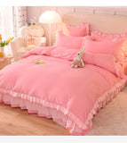 Taooba Christmas Gift Pink Princess Girls Ruffle Lace Bedding Sets Luxury Quilt Cover Bed Sheet and Pillowcases Soft Bedclothes Decor Home