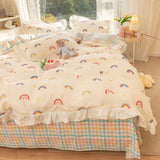 Taooba-Kawaii Rainbow Bedding Set Cotton Twin Full Queen Size Strawberry Flower Hearts Cute Fitted Bed Sheet Pillowcases Duvet Cover