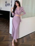 Taooba  party look inspos Autumn Korean Solid 2 Pieces Set Women Elegant V-Neck Long Sleeve Pleated Shirt Tops and High Waist A-Line Mermaid Skirt Suits