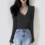 Taooba Christmas Gift outfit   Neck Short T Shirt Women Spring Korean Style Screw Thread Cotton Tee Shirt  Long Sleeve Top  Elastic T shirt Clothes