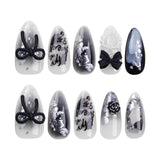 Taooba 24Pcs French Almond Glossy Black White Full Cover Press on Fake Nails with 3D Bow Tie Heart Peal Artificial Nail for Women/Girls