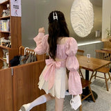 Taooba  party look inspos Back Puff Sleeve Shirts Women Autumn French Bow Bandage Blouses 2025 New Black Pink Square Neck Cropped Tops Female