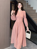 Taooba  party look inspos Vintage Long Sleeve Dresses Autumn New French Elegant V Neck Single Breasted Women Fairy Dress Solid High Waist Ladies Robe New