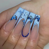 Taooba Christmas Nail  24Pcs False Nails Long Coffin Ballet French with Rhinestones Wearable Fake Nails Blue Flower Full Cover Press on Nails Tips Art