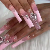 Taooba Christmas Nail  24Pcs Pink French False Nails French with Rhinestone Acrylic Fake Nail Tips Detachable Coffin Press on Nails Full Cover Manicure