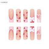 Taooba Christmas nail Red Strawberry Fake Nails Long Coffin French Press on Nails Pink Love Heart 3D Bowknot Designs False Nails for Women Girls